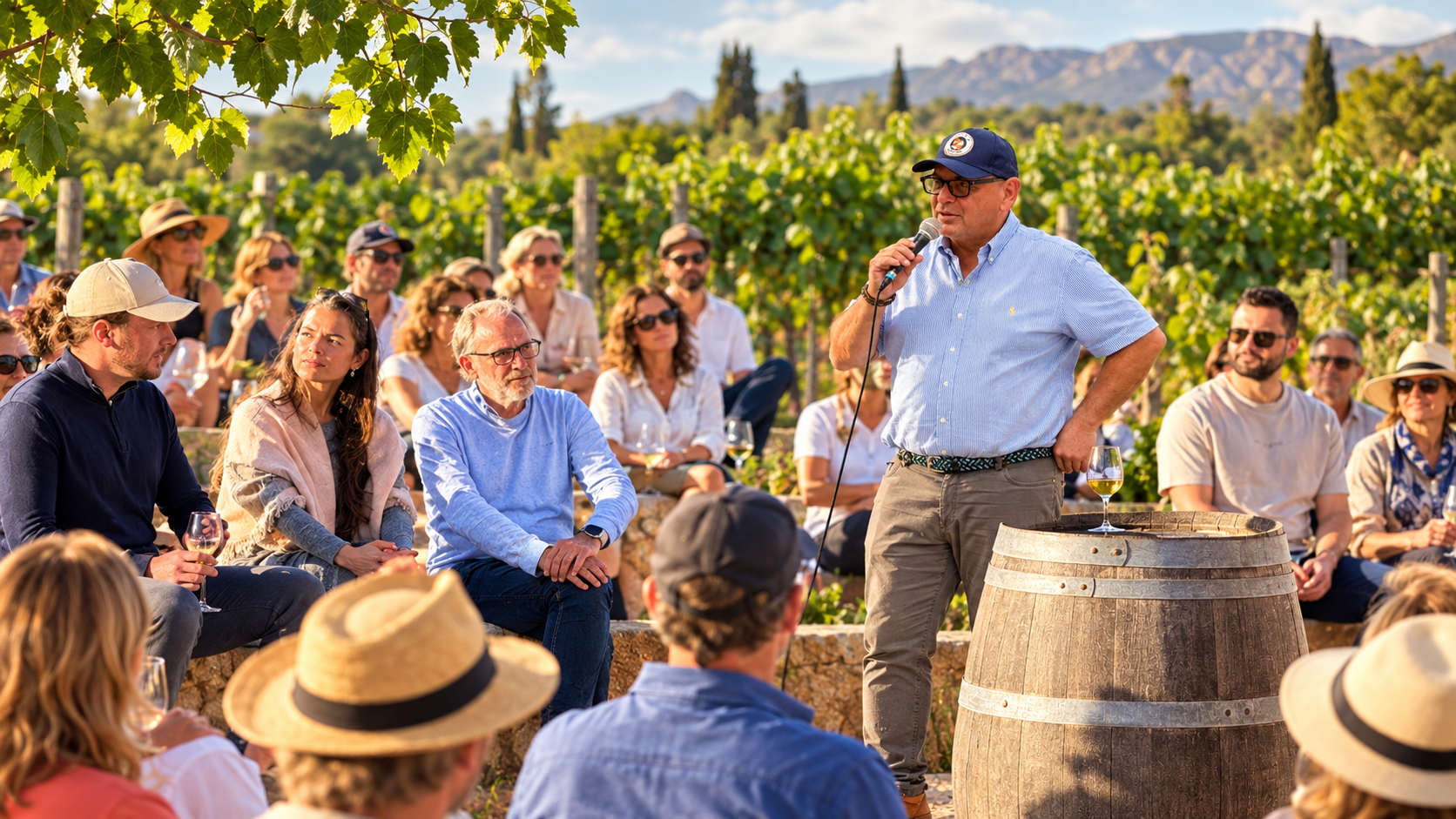 Michael Johannes spricht bei einem Longevity-Vortrag vor Gästen in einem mallorquinischen Weinberg