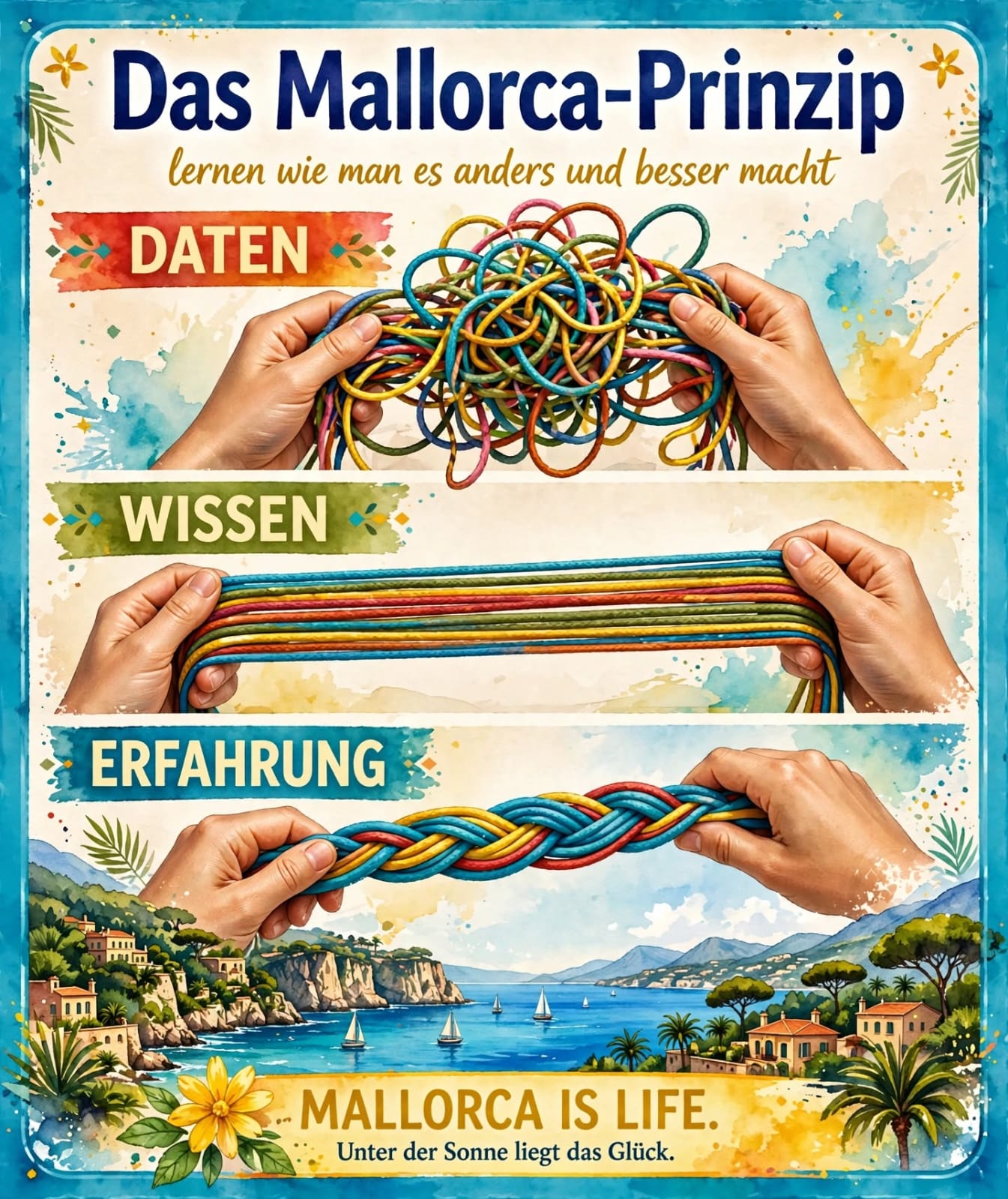 Tafel: Hände mit Schnüren — Daten, Wissen, Erfahrung