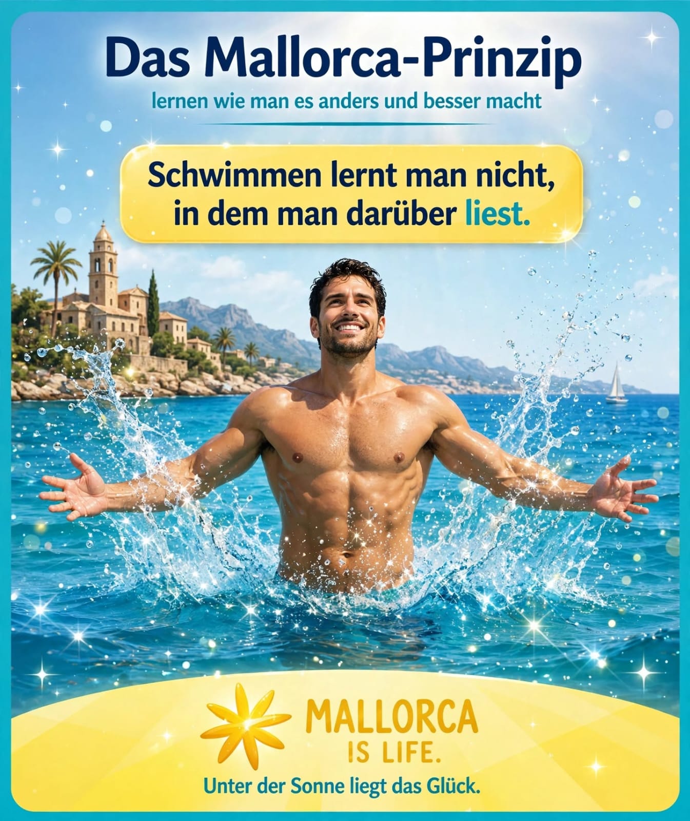 Tafel: Mann taucht aus dem Meer auf — Schwimmen lernt man nicht, indem man darüber liest