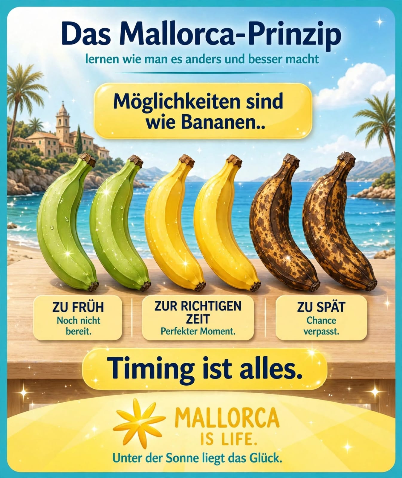 Tafel: Bananen in drei Reifegraden — Möglichkeiten sind wie Bananen, Timing ist alles