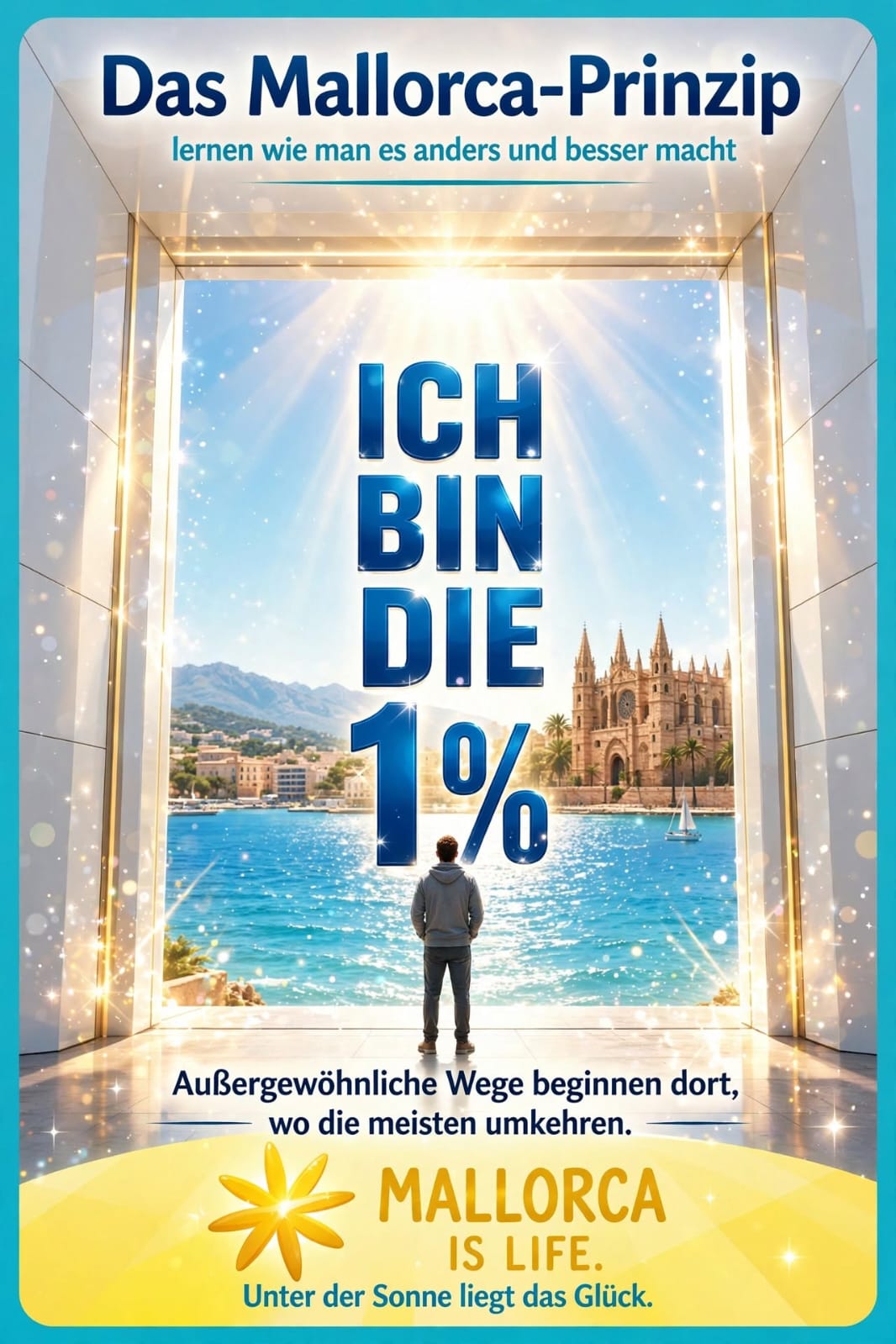 Tafel: Mensch vor geöffnetem Tor mit Blick auf Palma — Ich bin die 1%