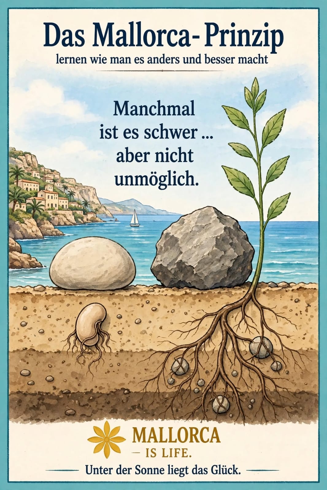 Tafel: Samen und Pflanze zwischen Steinen — Manchmal ist es schwer, aber nicht unmöglich