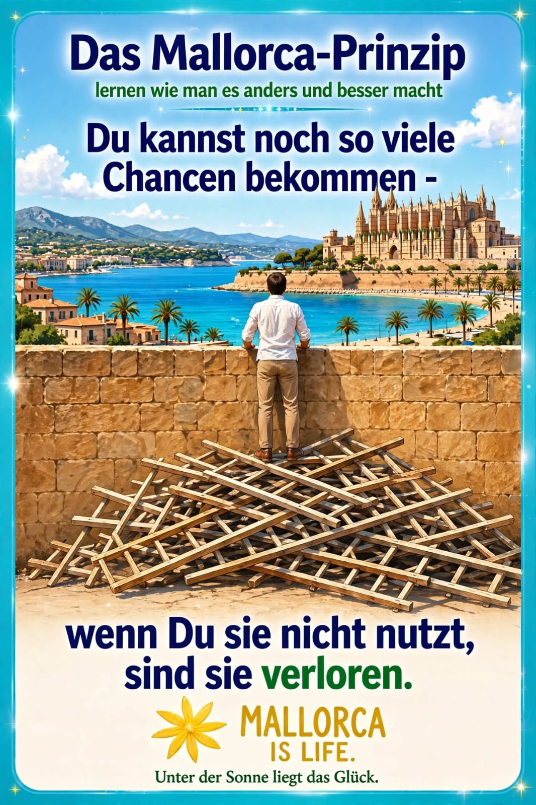 Tafel: Mann vor der Kathedrale von Palma auf einem Haufen Leitern — ungenutzte Chancen sind verloren