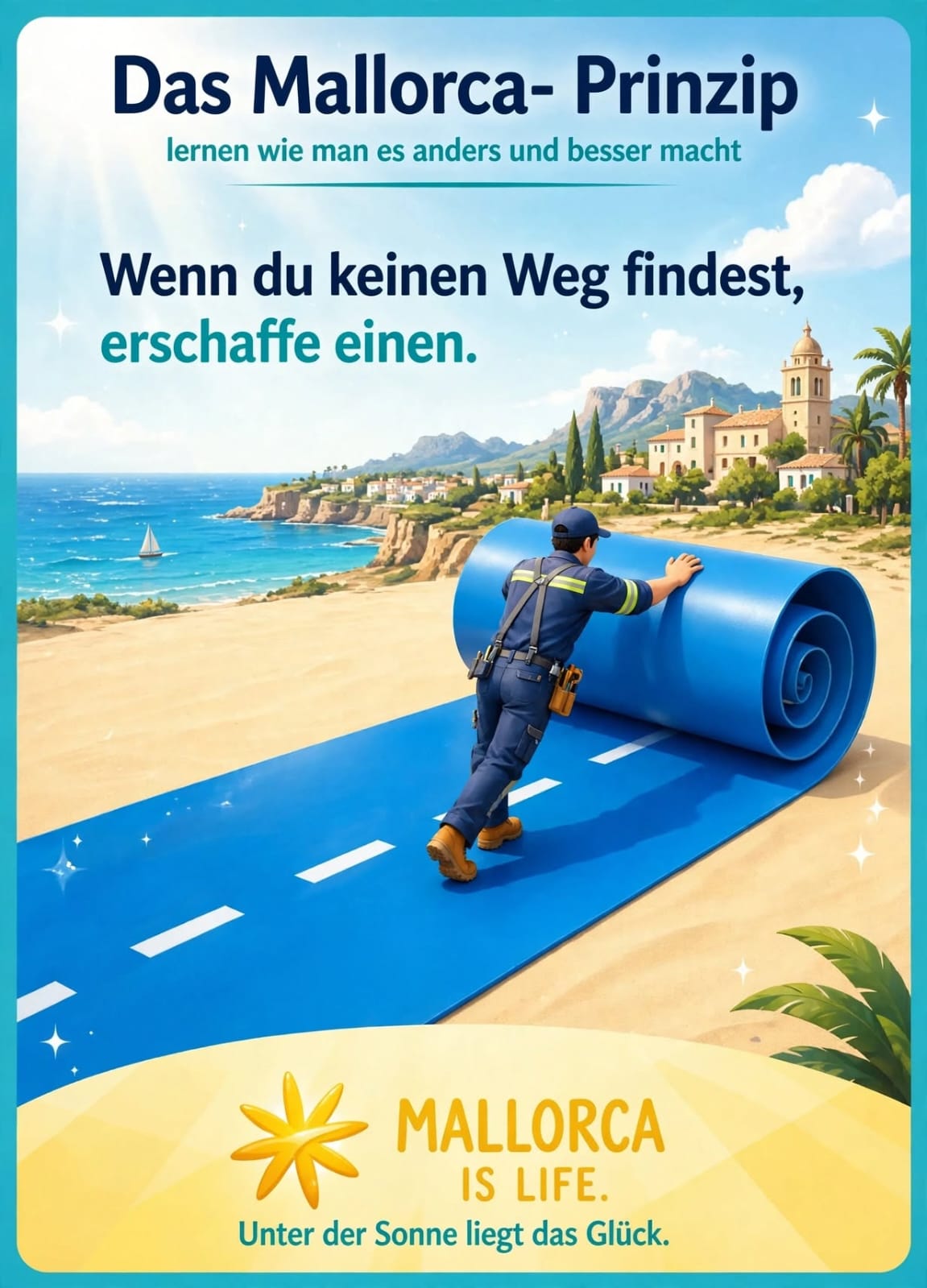 Tafel: Mann rollt eine Strasse aus — Wenn du keinen Weg findest, erschaffe einen