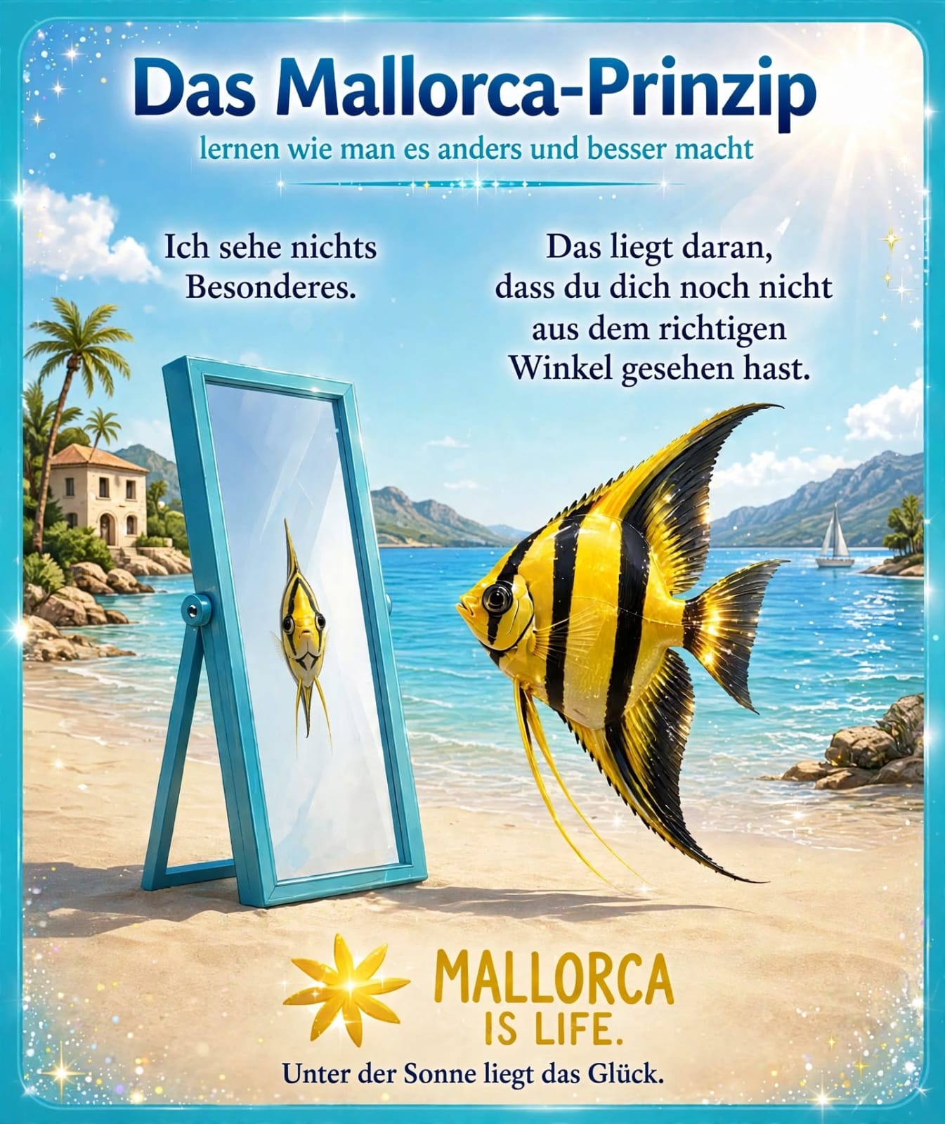 Tafel: Fisch vor einem Spiegel am Strand — aus dem richtigen Winkel gesehen