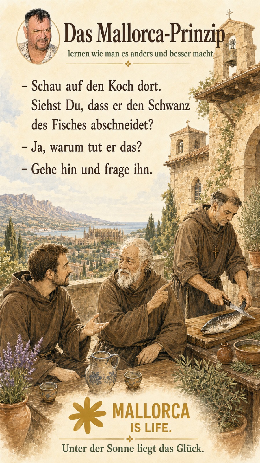 Serie 2: Mönch zeigt auf den Koch, der den Schwanz des Fisches abschneidet — Gehe hin und frage ihn